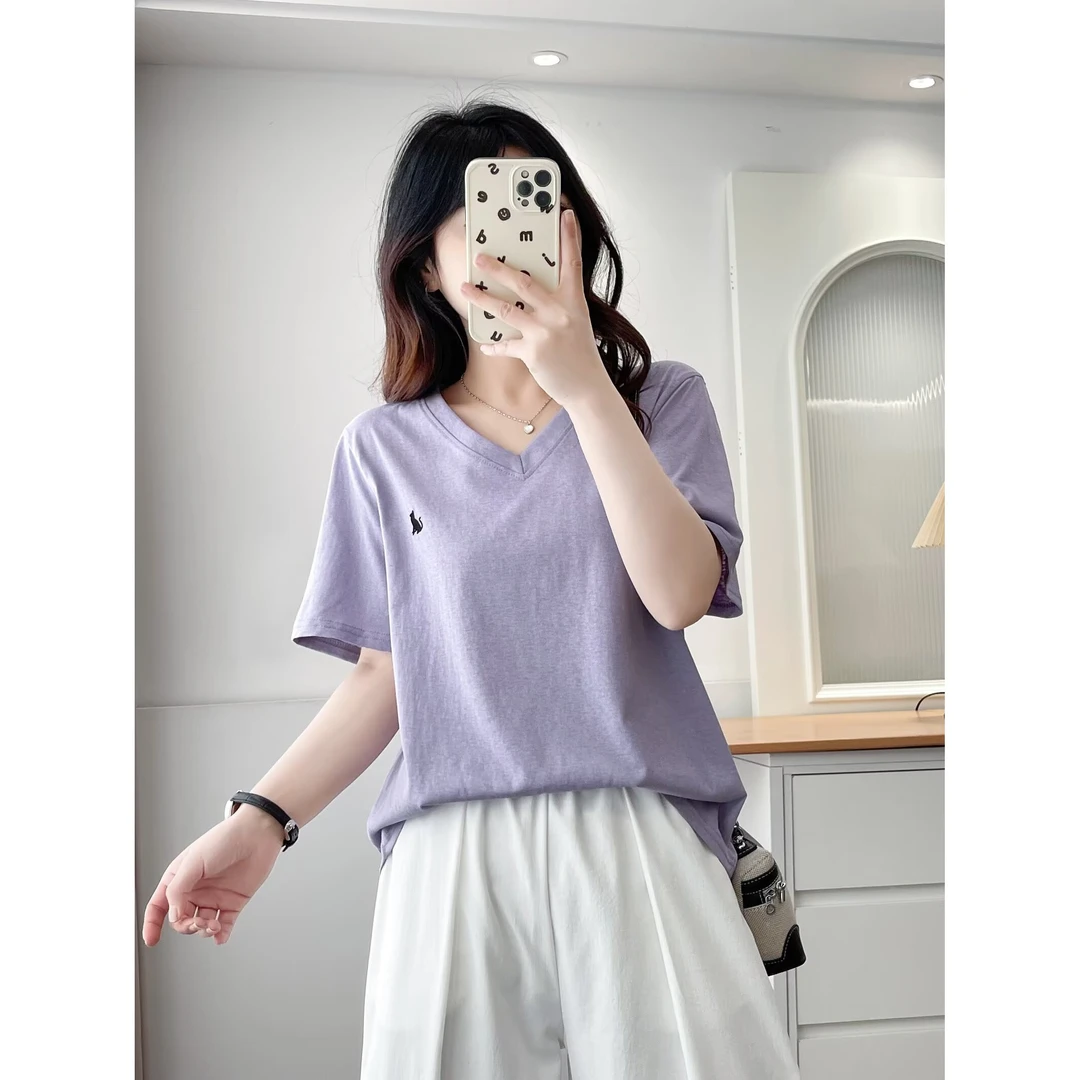 大码女装 胸108-130V领刺绣雪花棉短袖T恤9503#