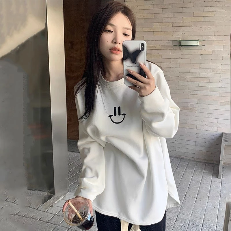 双面德绒中长款T恤弧形下摆保暖上衣白色磨毛加厚打底衫女春秋冬