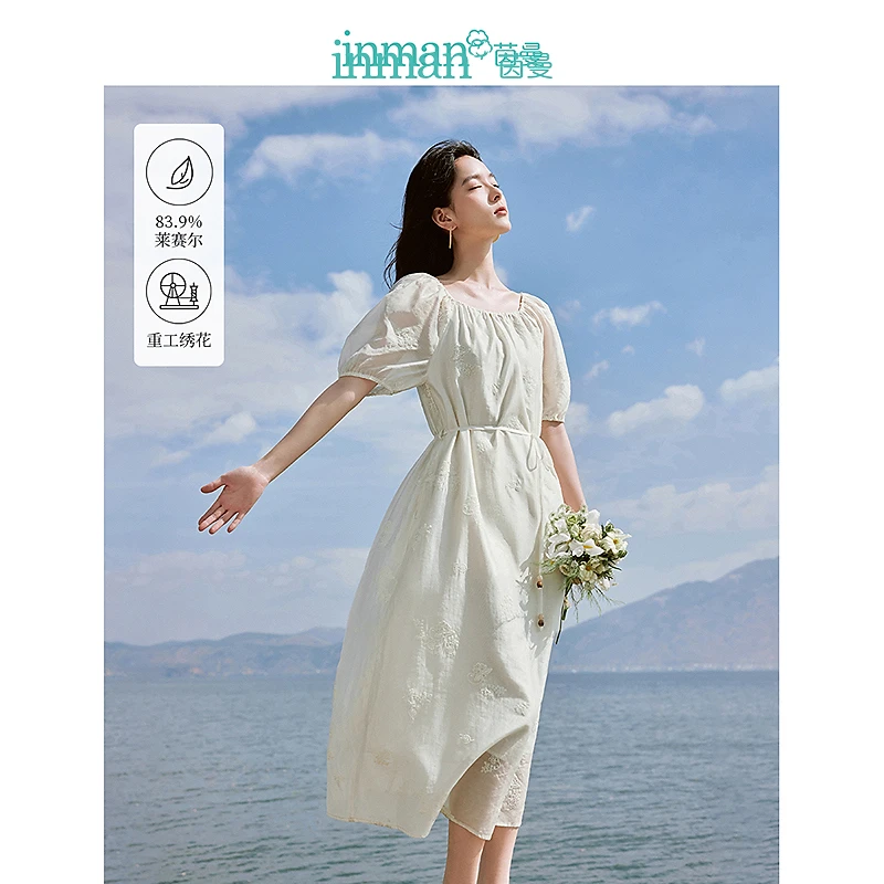 【夏日凉感】茵曼夏季法式度假风白月光裙U领系带收腰刺绣连衣裙
