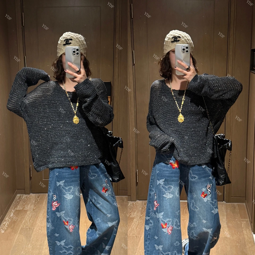 YDFSTUDIO小众【灰色暗潮】欧货早秋重工镂空亮片拼接设计时尚毛衣