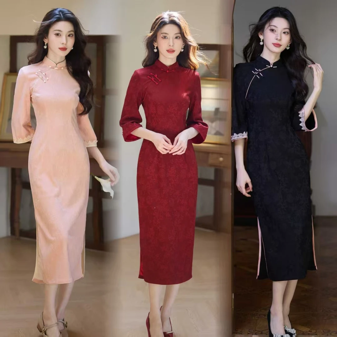 高端红色旗袍改良版秋冬喜婆婆婚宴装七分袖礼服妈妈外嫁女回娘家
