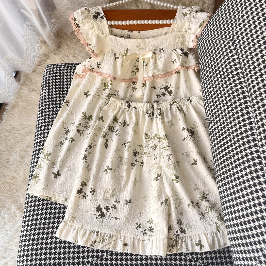 国风竹叶夏季吊带睡衣两件套装女爆款2025新款带胸垫可外穿家居服