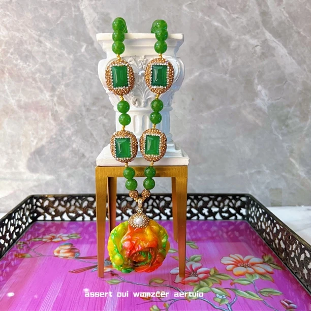 铜合金项链 绿菲娜花朵 满镶双面颗粒9696手工绿色精美镶嵌