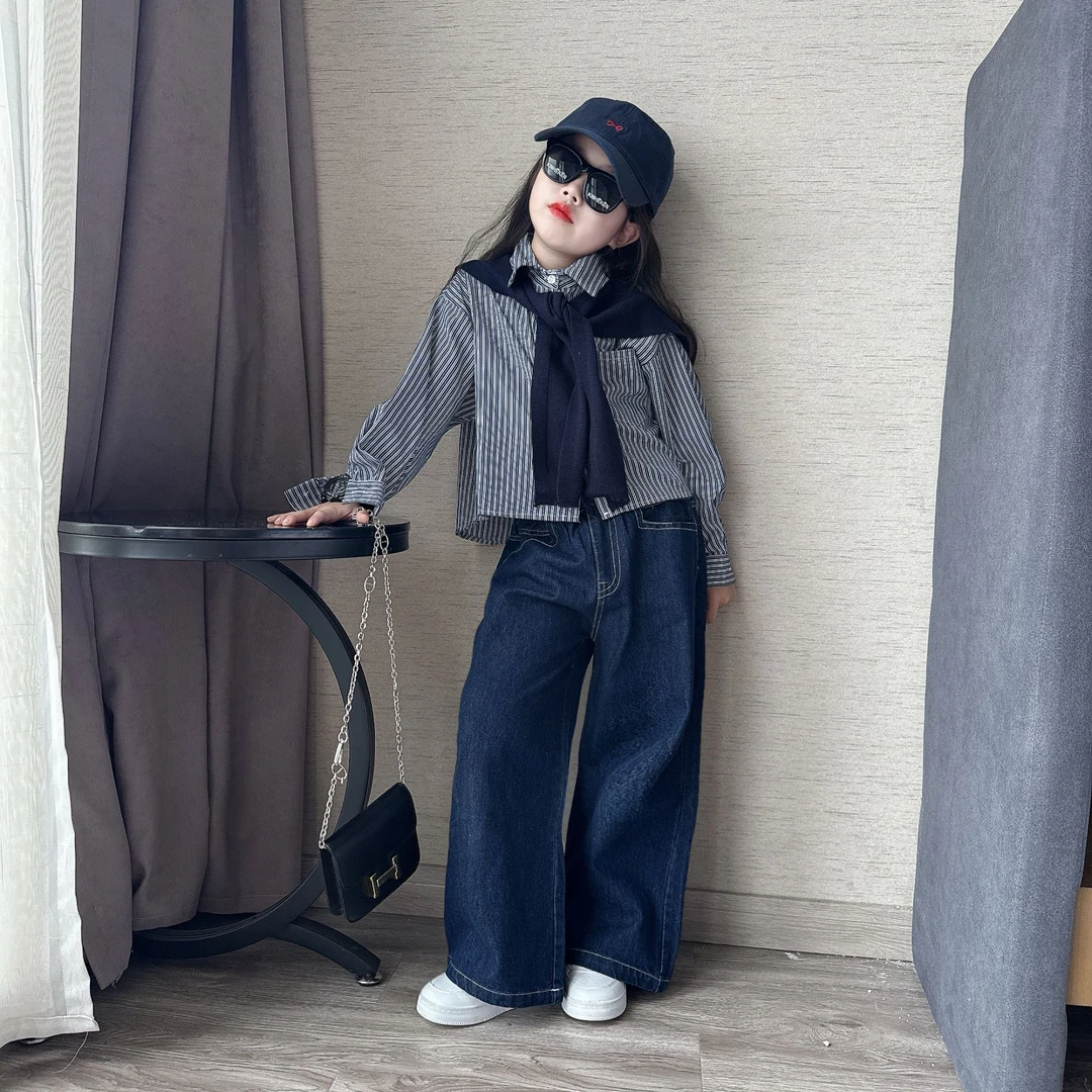 女童2025秋季新款韩版洋气套装中大童条纹衬衫披肩两件套阔腿裤潮