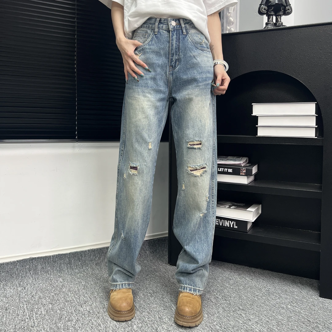 【MadeStyle】25春款复古蓝破洞男女美式复古直筒牛仔裤水洗宽松