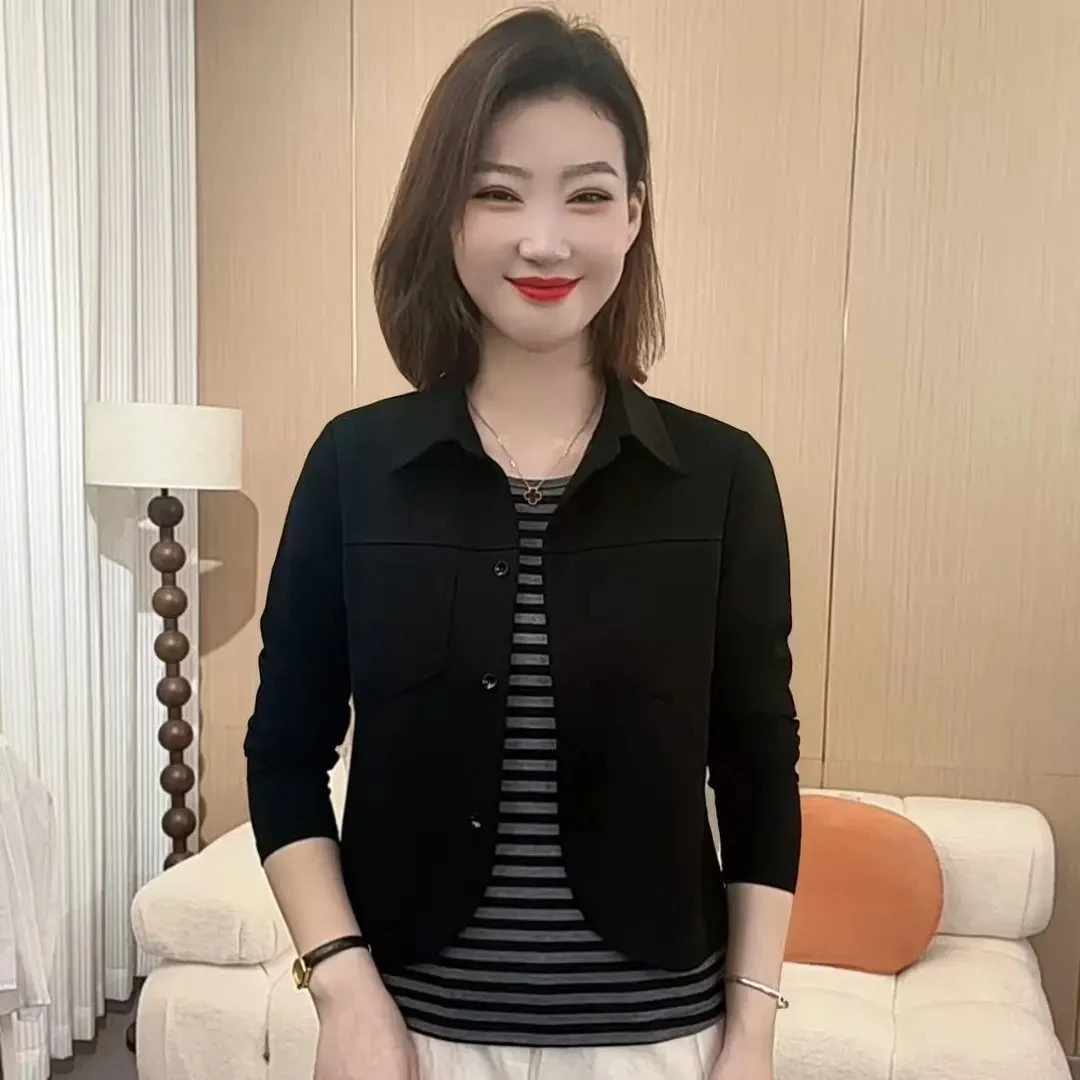 2025秋季时尚洋气新款简约纯色翻领套头假两件百搭上衣P2539