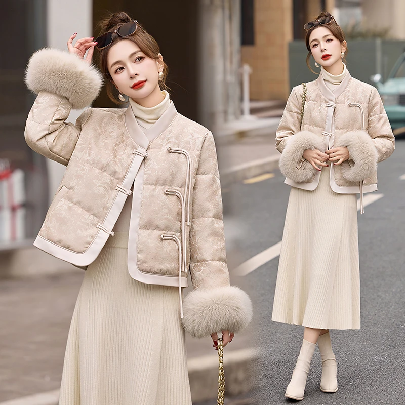 新中式国风提花羽绒服女2025冬季新款复古高级感白鸭绒短款外套