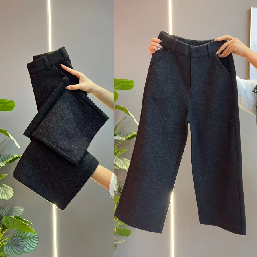 高级感毛呢阔腿裤女秋冬2025新款超火八分靴裤小个子加厚直筒裤