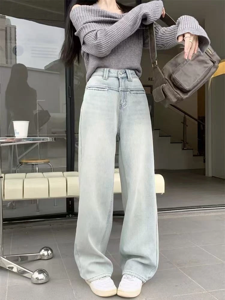2025早春款女装浅蓝色高腰直筒牛仔裤时尚时尚百搭