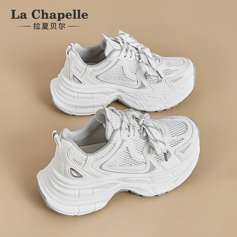 拉夏贝尔小白鞋老爹鞋女冬季镂空老爹鞋运动鞋厚底潮鞋休闲鞋薄款