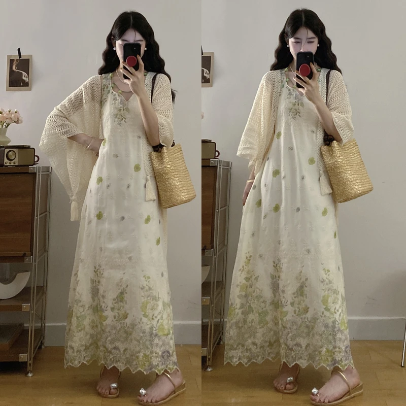 大码胖mm韩版显瘦森系小清新法式重工绣花串珠连衣裙两件套装女