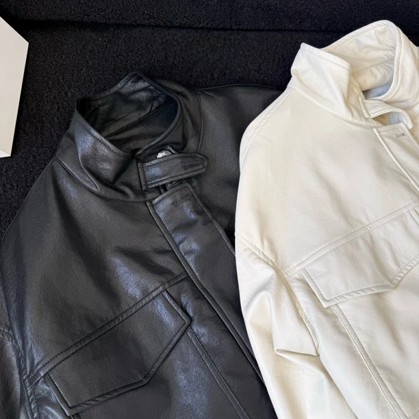 春季宽松型常规极简风短款皮衣立领时尚潮流外套翻领百搭休闲