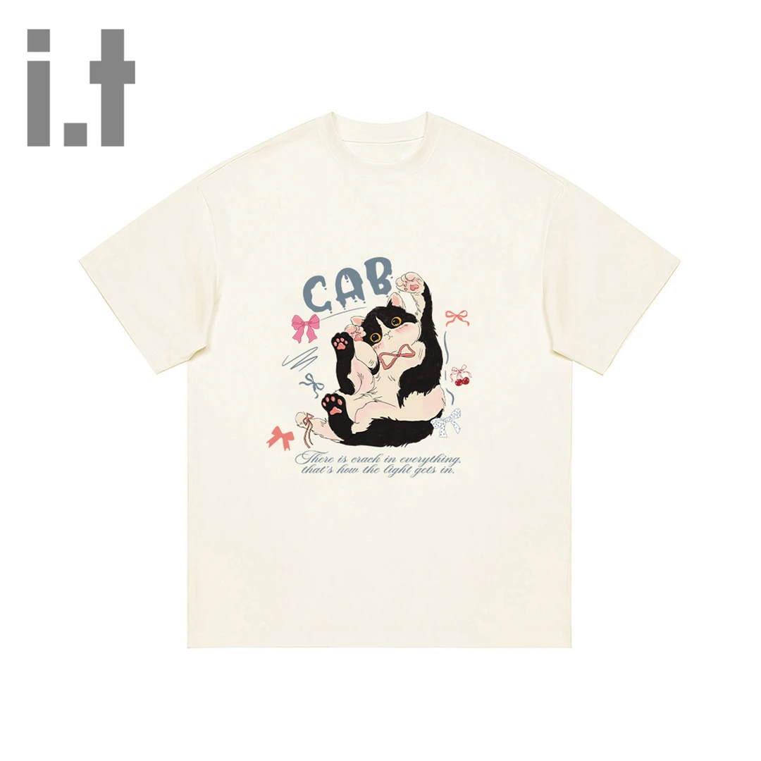 i.t:CHOCOOLATE猫咪印花圆领短袖T恤女夏季新款韩系宽松休闲上衣
