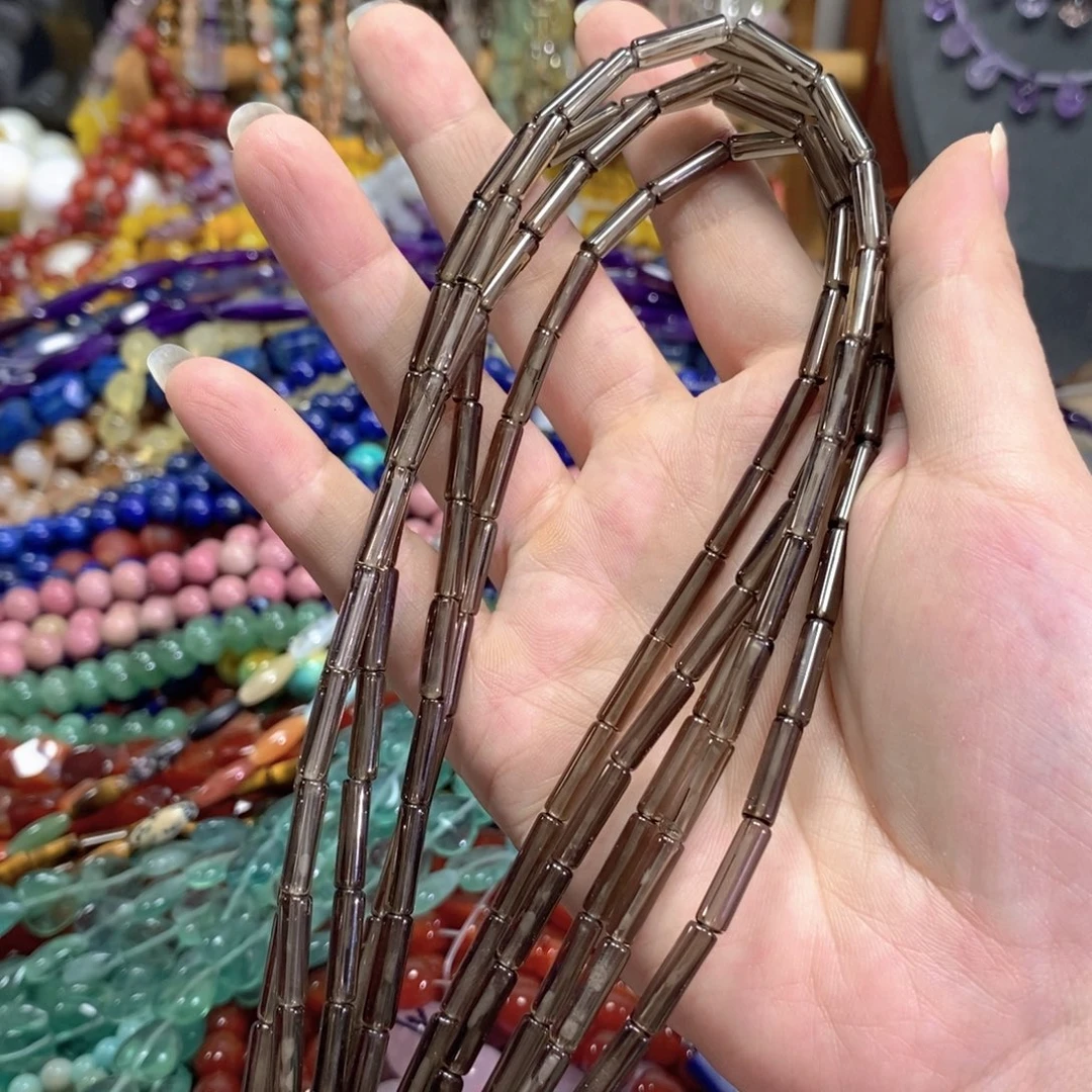 玛瑙/玉髓足银镀金镶嵌珠宝半成品茶晶管子一条卡4*14mm