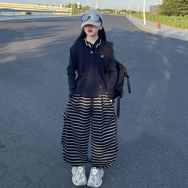 女童女大童休闲款秋季条纹女童条纹卫衣套装设计感针织国风小香风