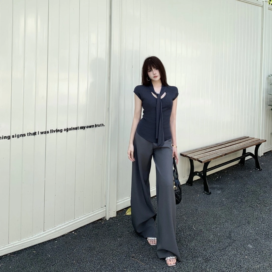 韩系气质套装飘带针织设计修身上衣+老钱高腰西装阔腿裤休闲套装