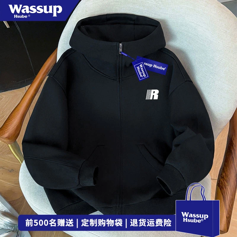 WASSUP HSUBE 潮牌简约R字母印花开衫卫衣秋冬季百搭高领连帽外套