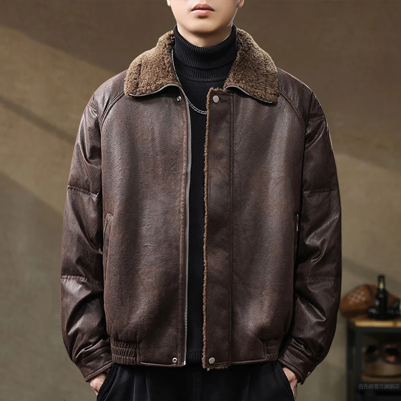 高端美拉德复古老钱风皮毛一体棉服男士秋冬加绒加厚棉袄皮衣外套