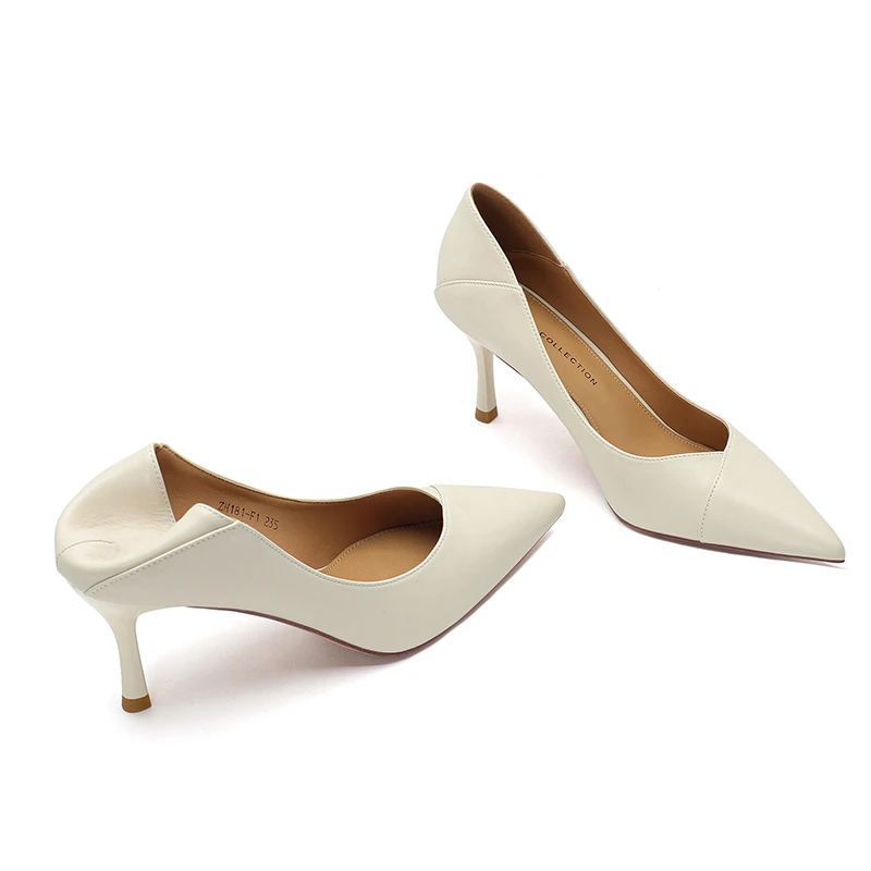 真皮米白色高跟鞋女春秋软皮舒服7cm细跟5cm职业工作礼仪上班单鞋