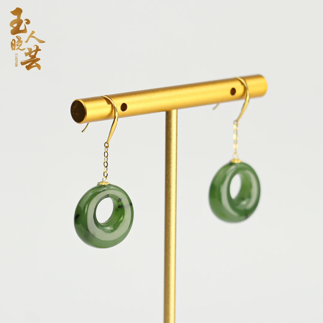 俄罗斯乌兰海【18k碧玉耳勾】天然和田玉碧玉耳饰（多样性发一）