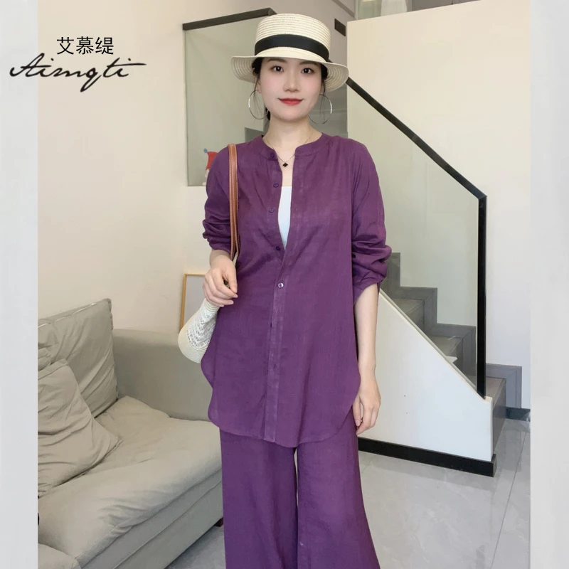 【喜宝儿】显瘦套装阔腿直筒裤休闲宽松上衣衬衫亚麻夏两件套C8100