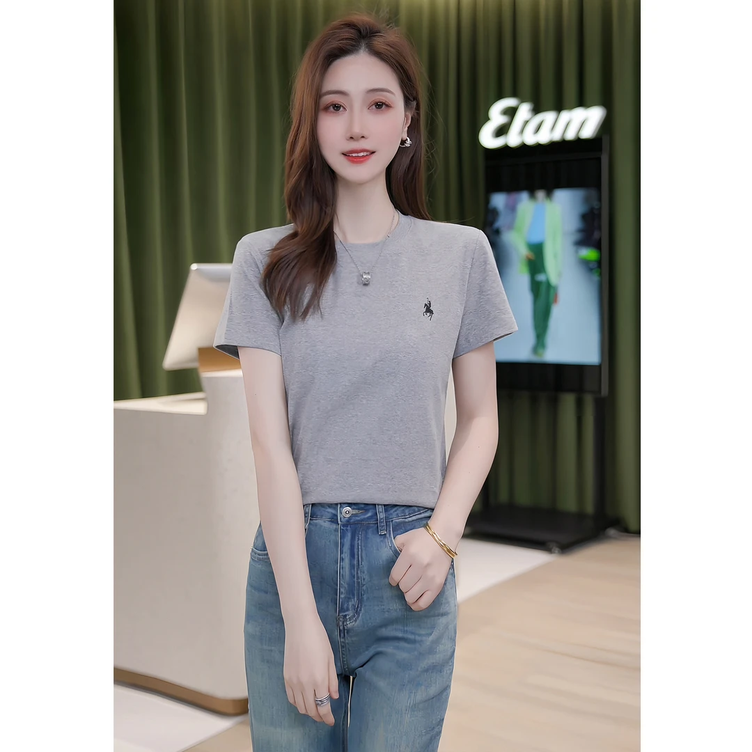 2025夏季纯色刺绣小马T恤显瘦时尚休闲简约百搭设计感圆领短袖