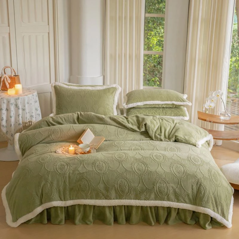 JM 8789 新款韩国进口雕花绒牛奶绒床盖四件套 茉拉庄园-暮色绿