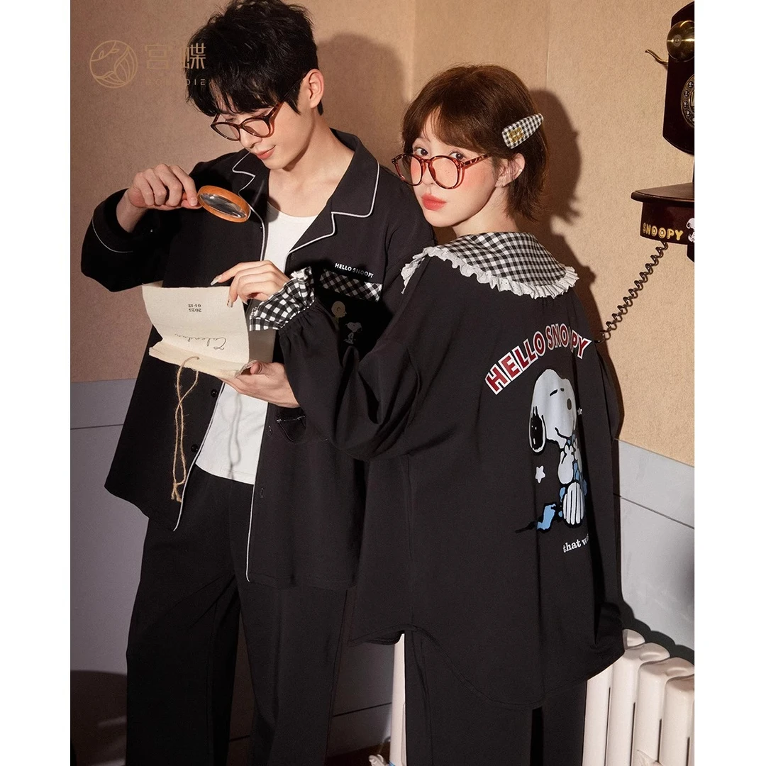 宫蝶【轻柔软】史努比纯棉情侣睡衣女卡通长袖家居服套装春秋新款