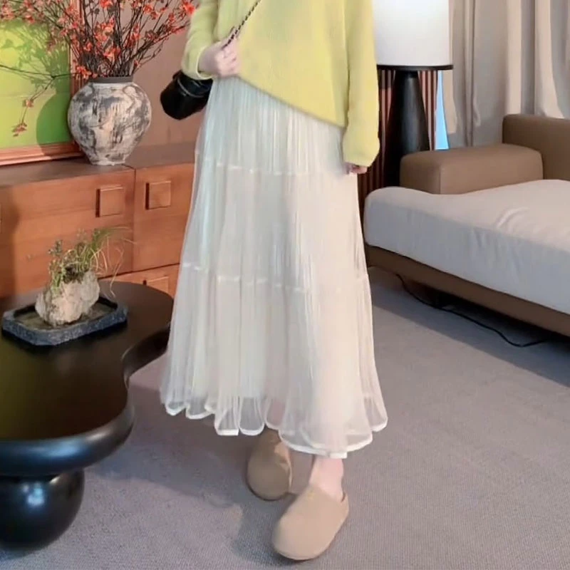 温柔风网纱拼接百褶半身裙女2025春季新款时尚高腰垂感宽松大摆裙