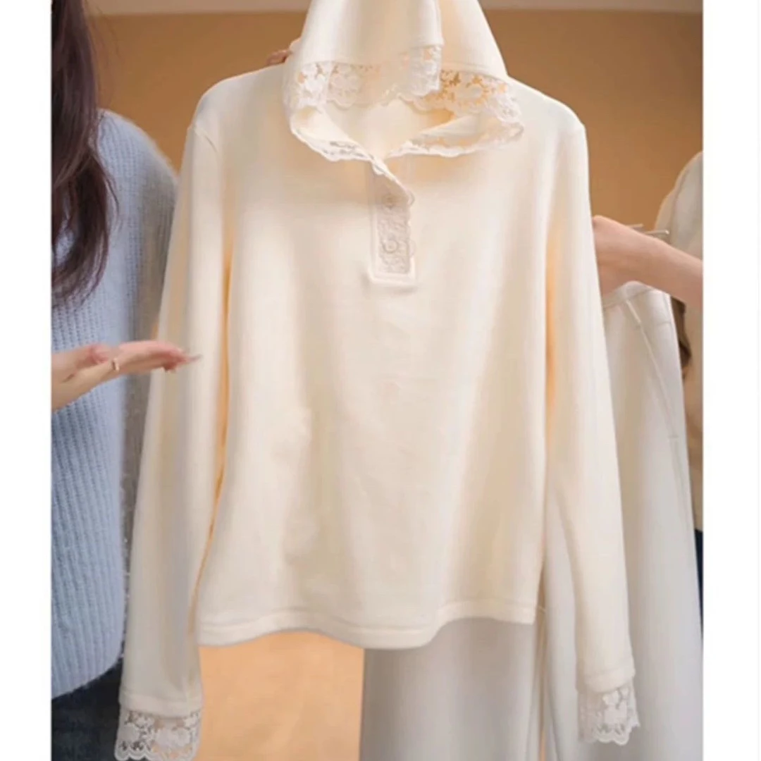 韩版显瘦蕾丝拼接加厚连帽打底衫女士秋冬新款时尚洋气百搭女装