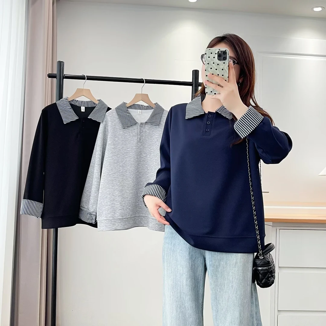 大码女装秋季新款长袖女嘻哈风2025秋季卫衣POLO领宽松休闲拼接