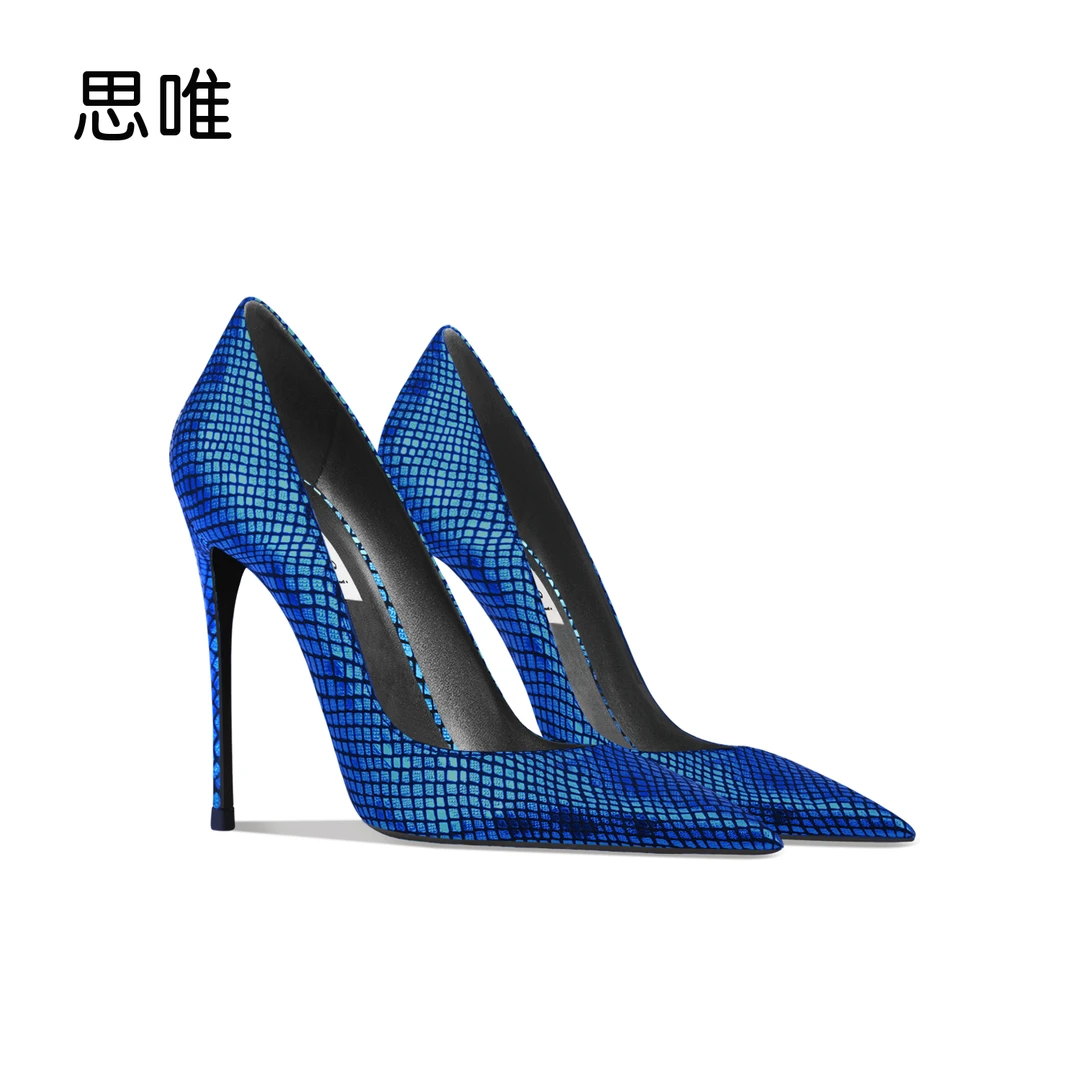 蓝色鱼纹一脚蹬高跟鞋2025年春季新款女尖头细跟浅口通勤舒适单鞋
