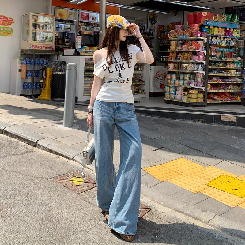 2025夏天上新年美式复古高腰皮拼接卯钉压皱设计感宽松直筒牛仔裤