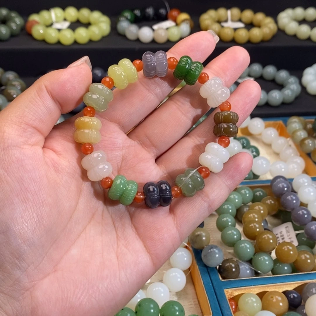 和田玉手链 未镶嵌并蒂莲多宝