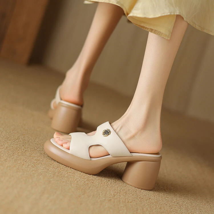 全羊皮~7cm夏季新款粗跟厚底时尚百搭女士高跟真皮拖鞋外穿软底鞋