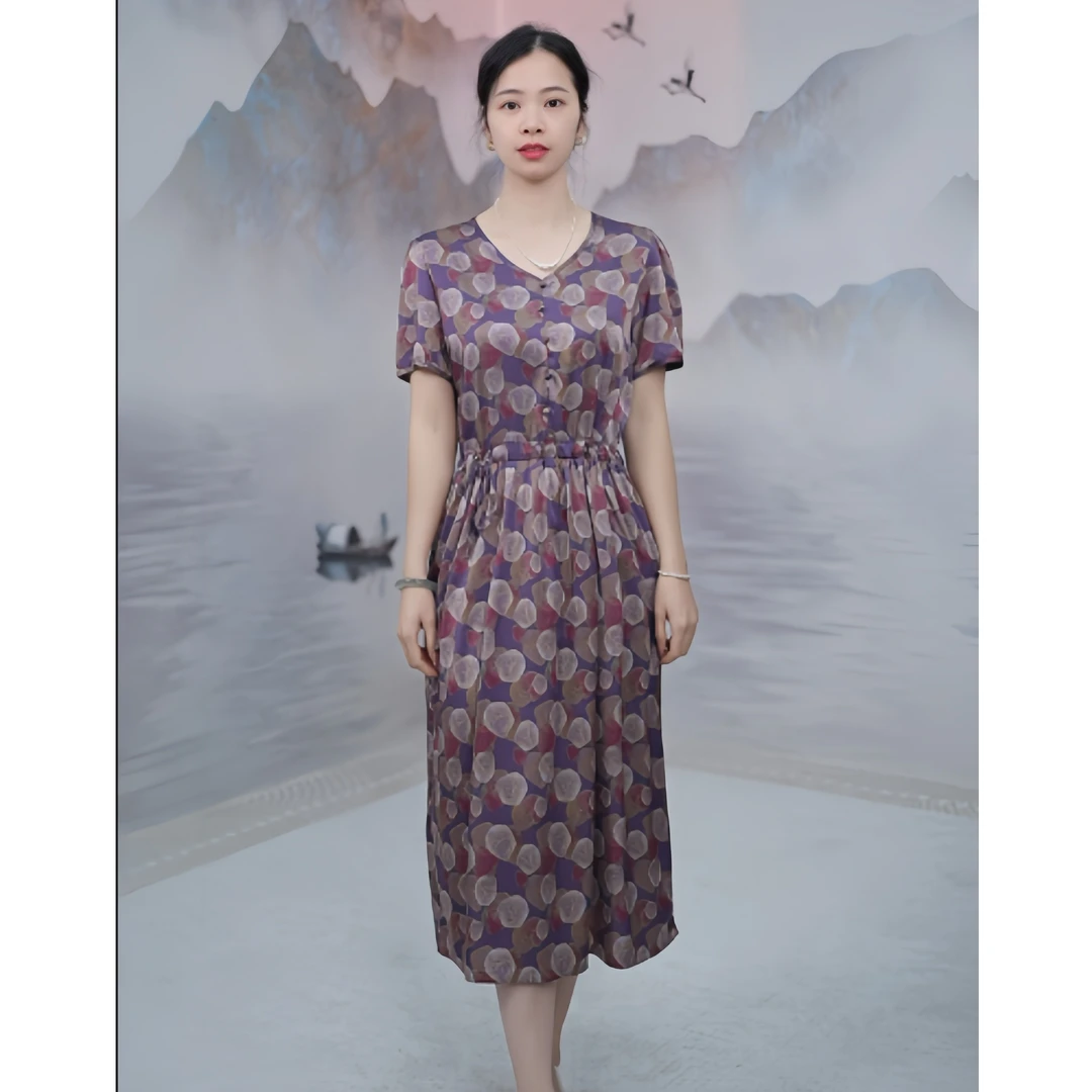 2621   法式浪漫炫彩玫瑰印花V领优雅显瘦系带女装连衣裙