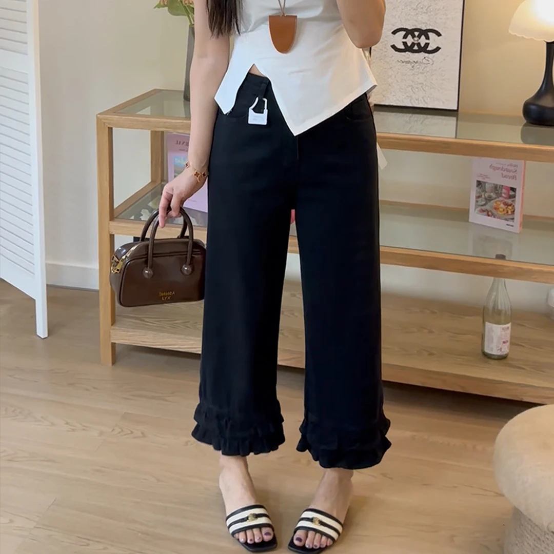 设计感木耳花边牛仔裤女早秋新款大码直筒裤小个子胖mm显瘦阔腿裤