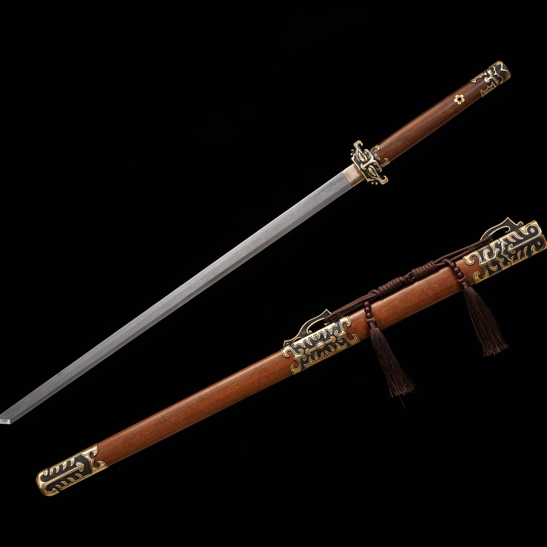 新疆专场【天影唐刀】 龙凤檀  百炼花纹钢  黄铜装具 未开刃摆件