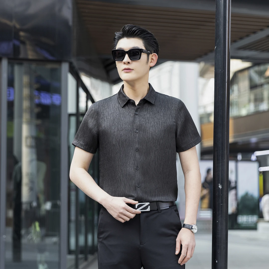【香云纱】男士夏季薄款天然桑蚕丝短袖衬衫休闲百搭透气衬衣807