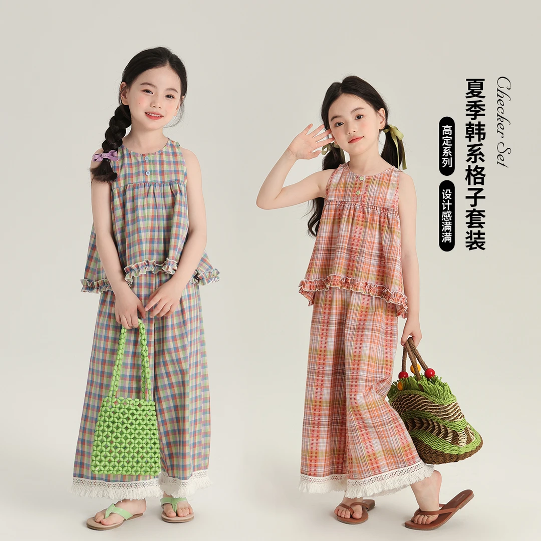 布丁哈鲁【民族风】2024女童夏季复古甜美格子流苏套装G42SB414