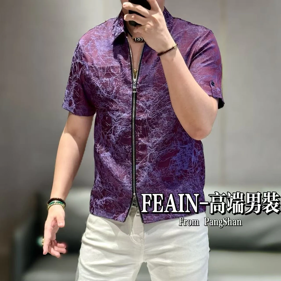 高端定制男士缎面提花工艺冰川纹双开拉链夹克95111