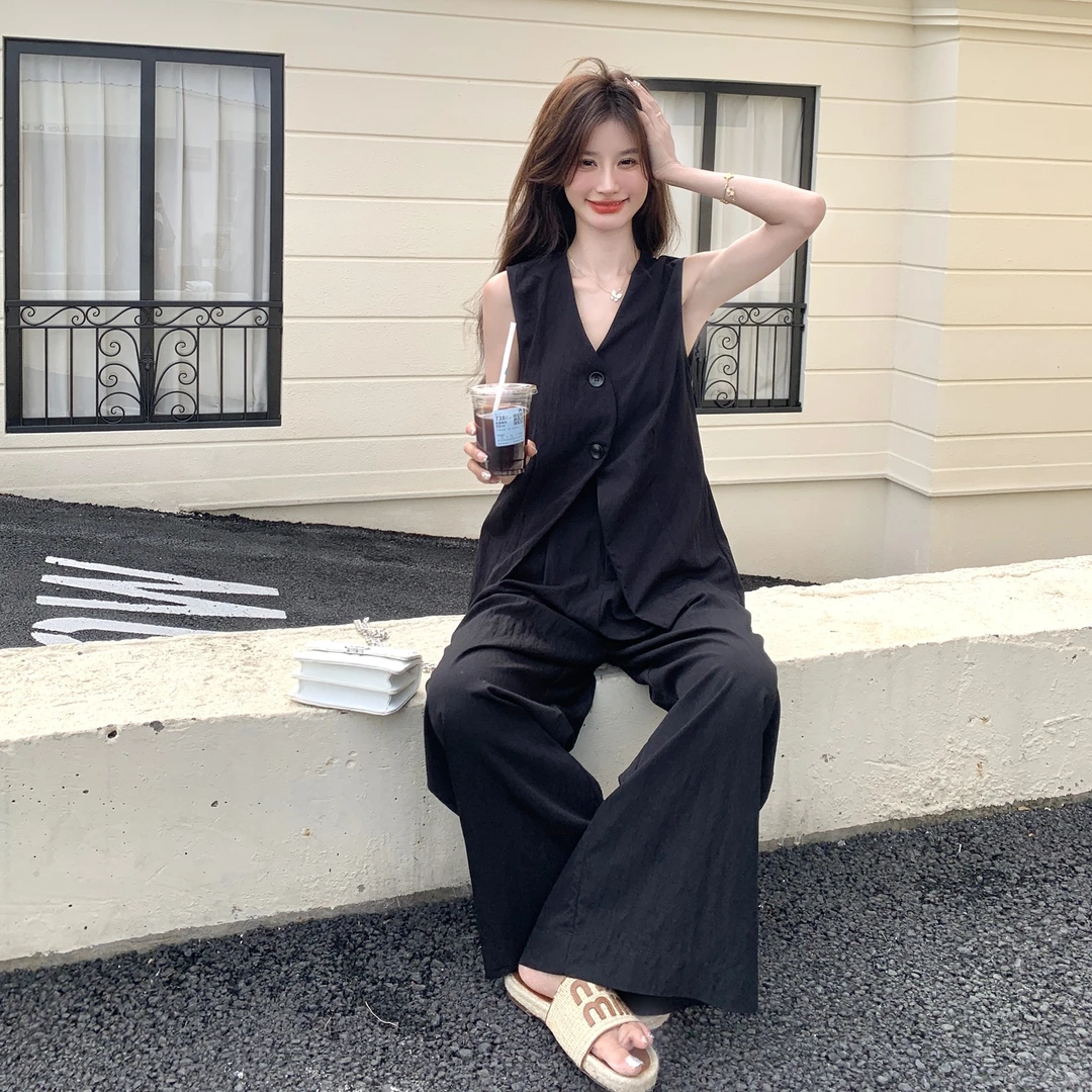 黑色高级感套装女夏新款时尚西装领马甲露背上衣高腰阔腿裤两件套