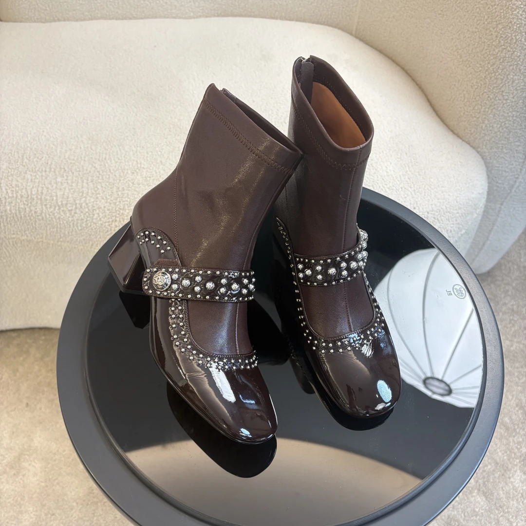 范戈希跟5CM牛皮短靴珍珠扣女士百搭气质后拉链方头粗跟买1赠3