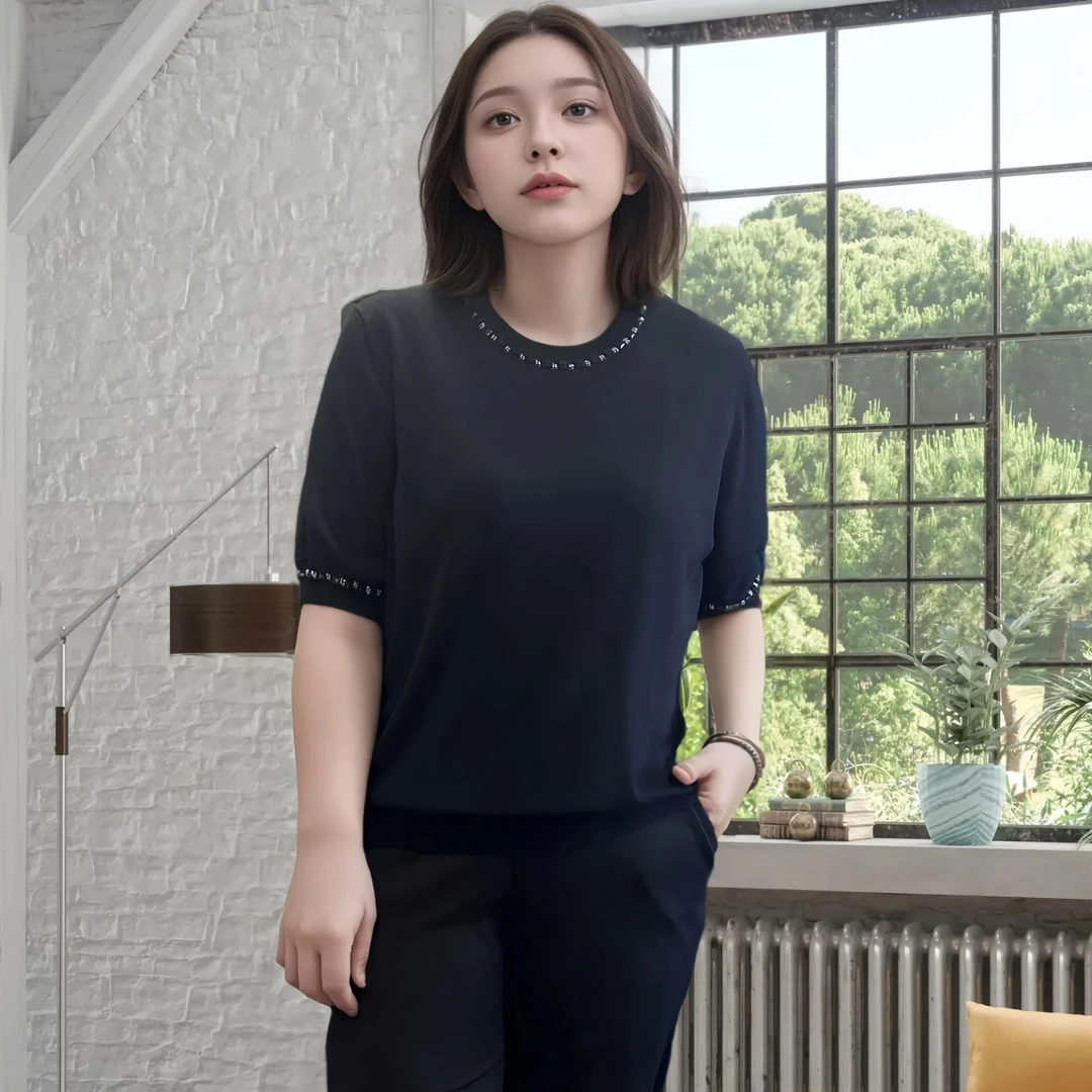 韩衣奇迹大码女士莱赛尔钉珠舒适洋气百搭夏季圆领短袖针织衫上衣