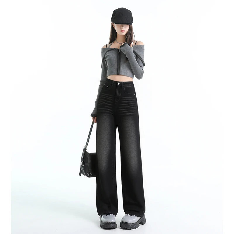 QiiteWuu/倾慕早秋女装新款渐变牛仔裤女窄版直筒宽松百搭显腿长