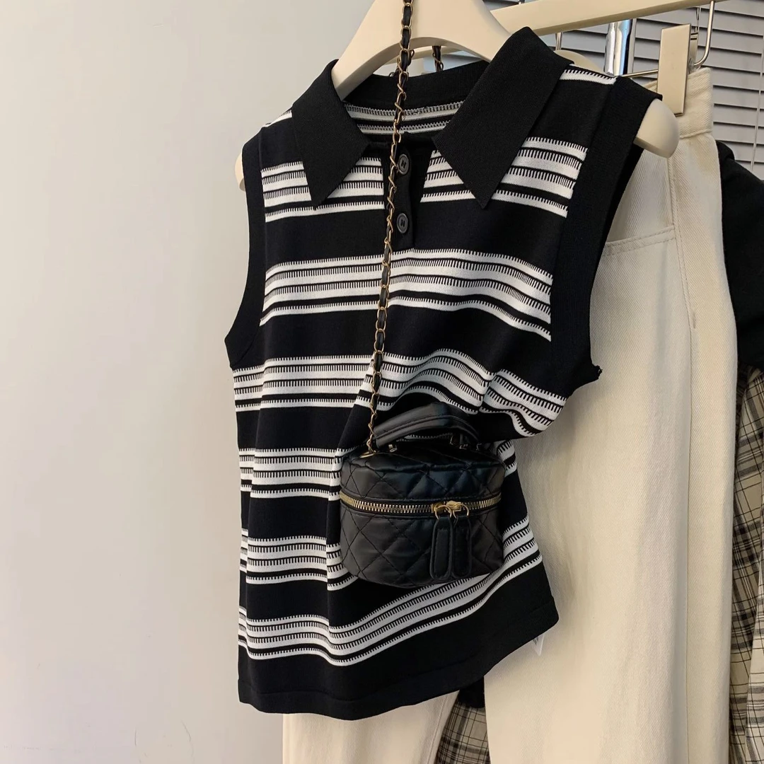 宽松显瘦【80-180斤】条纹翻领法式冰丝背心女撞色POLO领无袖上衣潮