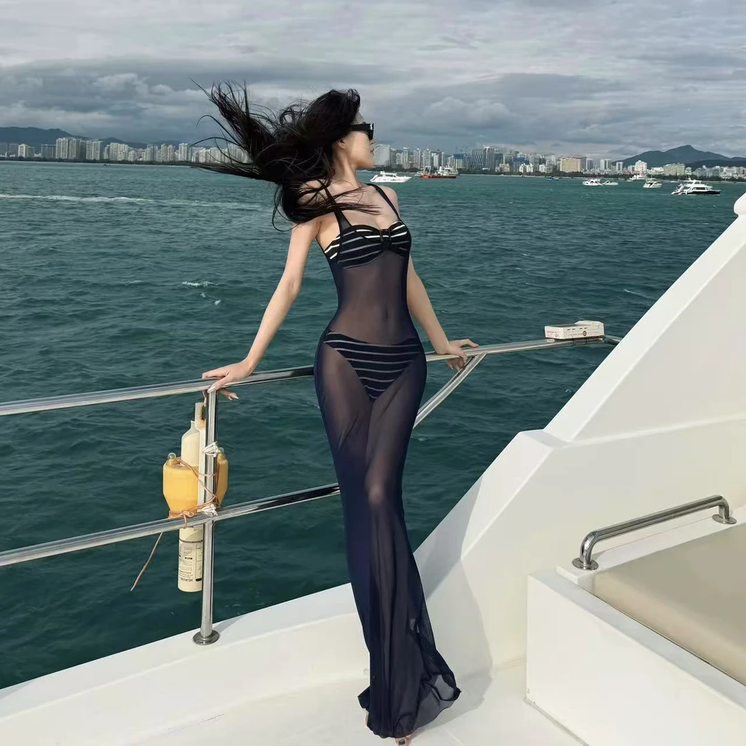 泳衣女黑白条纹比基尼抹胸三点式小胸甜美可爱性感泡温泉沙滩度假