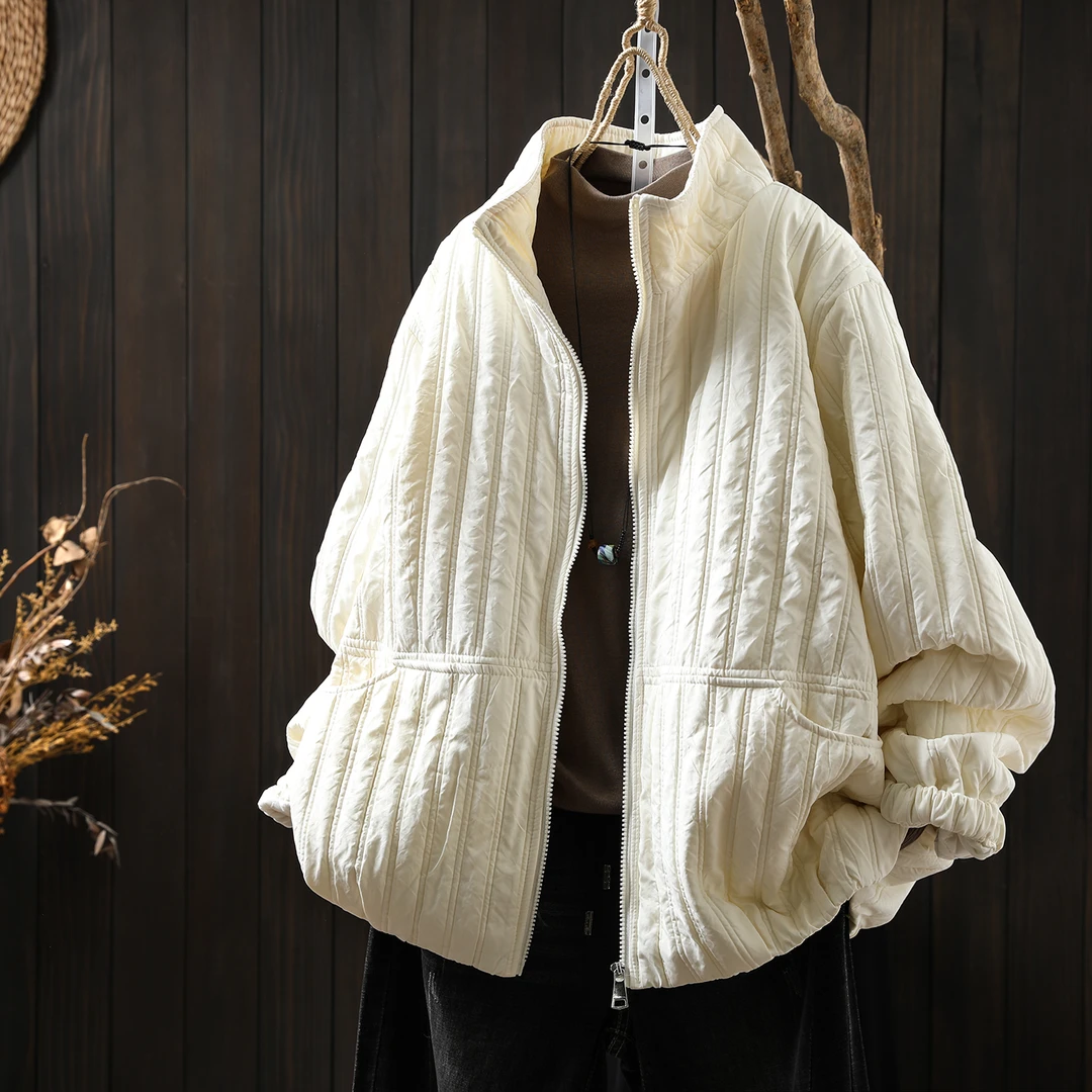 白色竖条纹棉服女款2025冬新款立领大码胖mm洋气慵懒保暖二棉外套