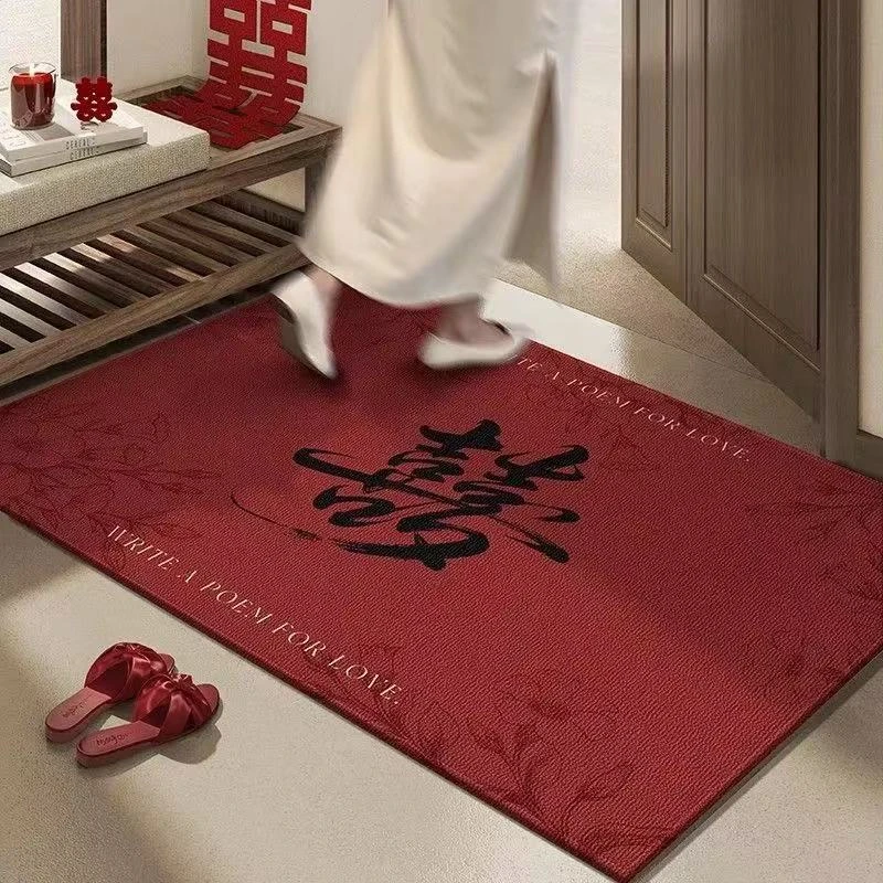 新款结婚喜庆红色水晶绒入户门地垫防滑耐脏可裁剪玄关脚垫可定制