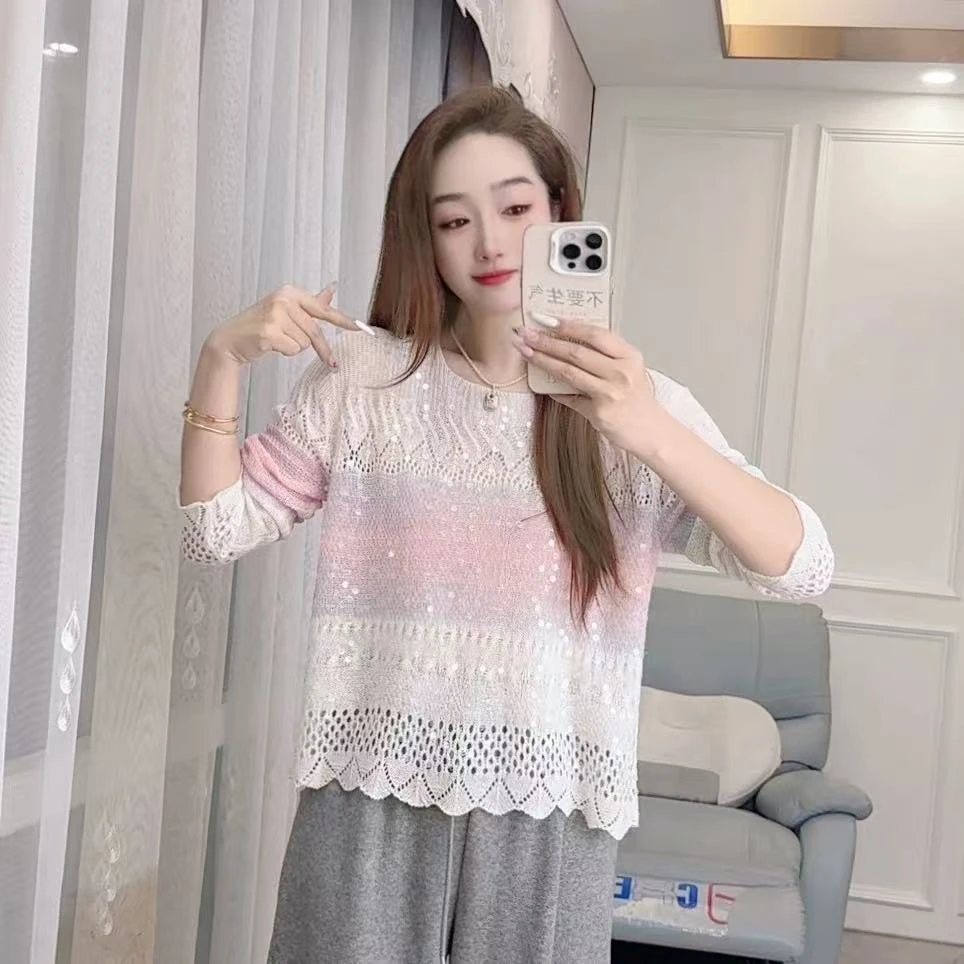 【芳芳私服】渐变条纹镂空修身针织衫毛衣宽松圆领长袖2511